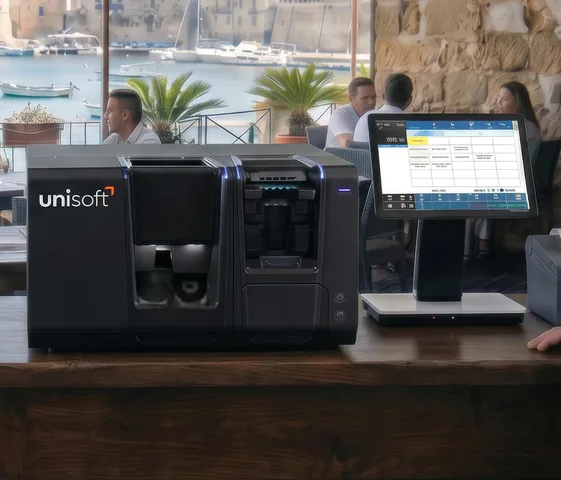 Glory CI-5 e monitor gestionale su banco di ristorante